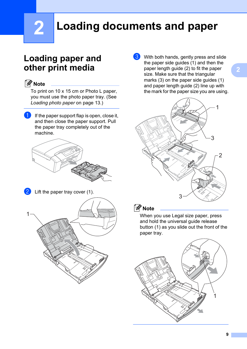 2 loading documents and paper, Loading paper and other print media, Loading documents and paper | Brother DCP-585CW User Manual | Page 17 / 126