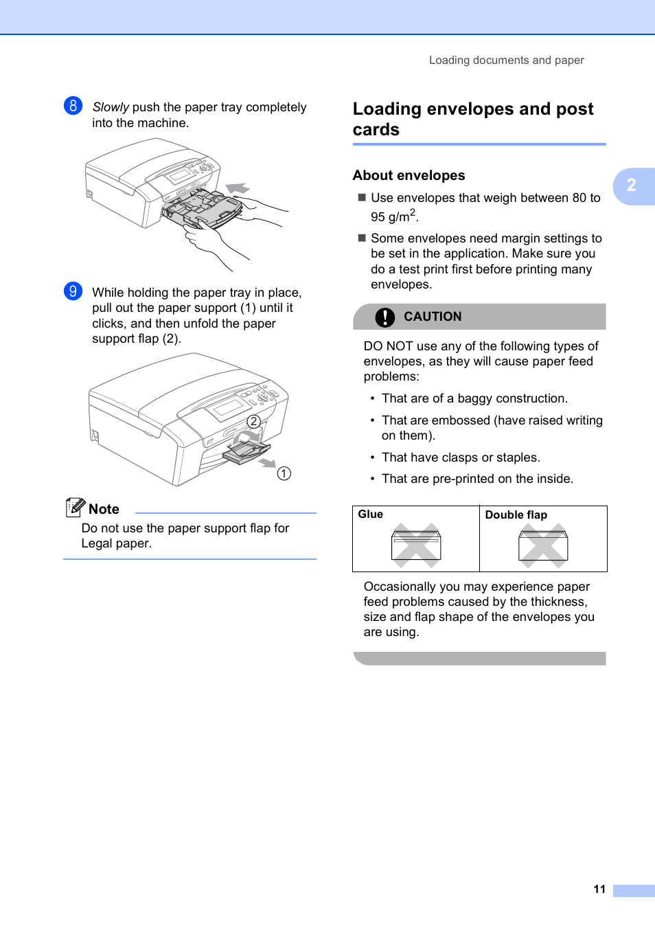 Loading envelopes and post cards, About envelopes, Do not use the paper support flap for legal paper | Use envelopes that weigh between 80 to 95 g/m | Brother DCP-585CW User Manual | Page 19 / 126