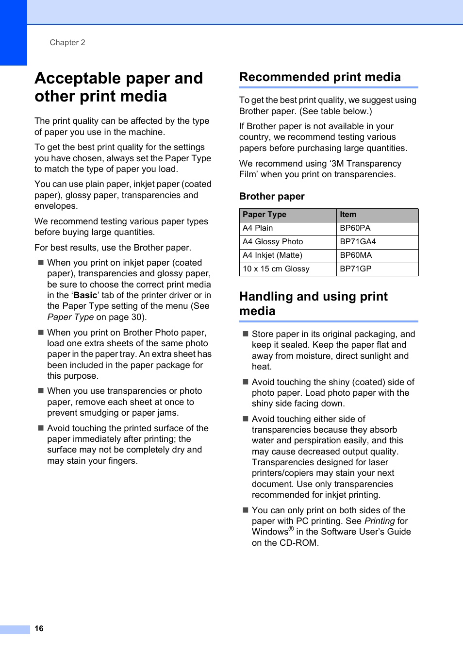 Acceptable paper and other print media, Recommended print media, Handling and using print media | Brother DCP-585CW User Manual | Page 24 / 126
