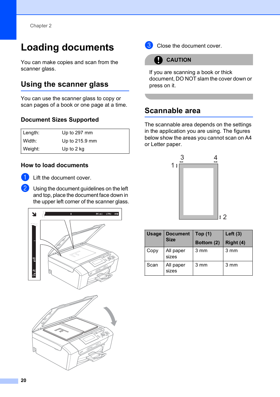 Loading documents, Using the scanner glass, Document sizes supported | How to load documents, Scannable area, Using the scanner glass scannable area | Brother DCP-585CW User Manual | Page 28 / 126