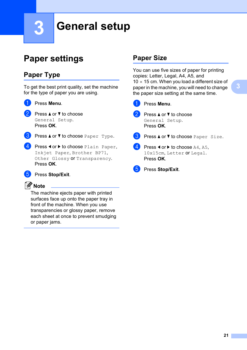 3 general setup, Paper settings, Paper type | Paper size, General setup, Paper type paper size | Brother DCP-585CW User Manual | Page 29 / 126
