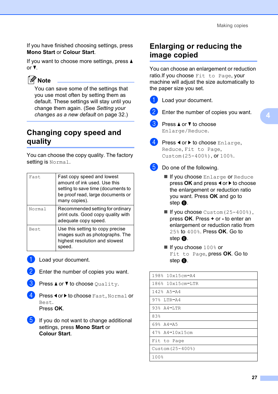 Changing copy speed and quality, Enlarging or reducing the image copied | Brother DCP-585CW User Manual | Page 35 / 126