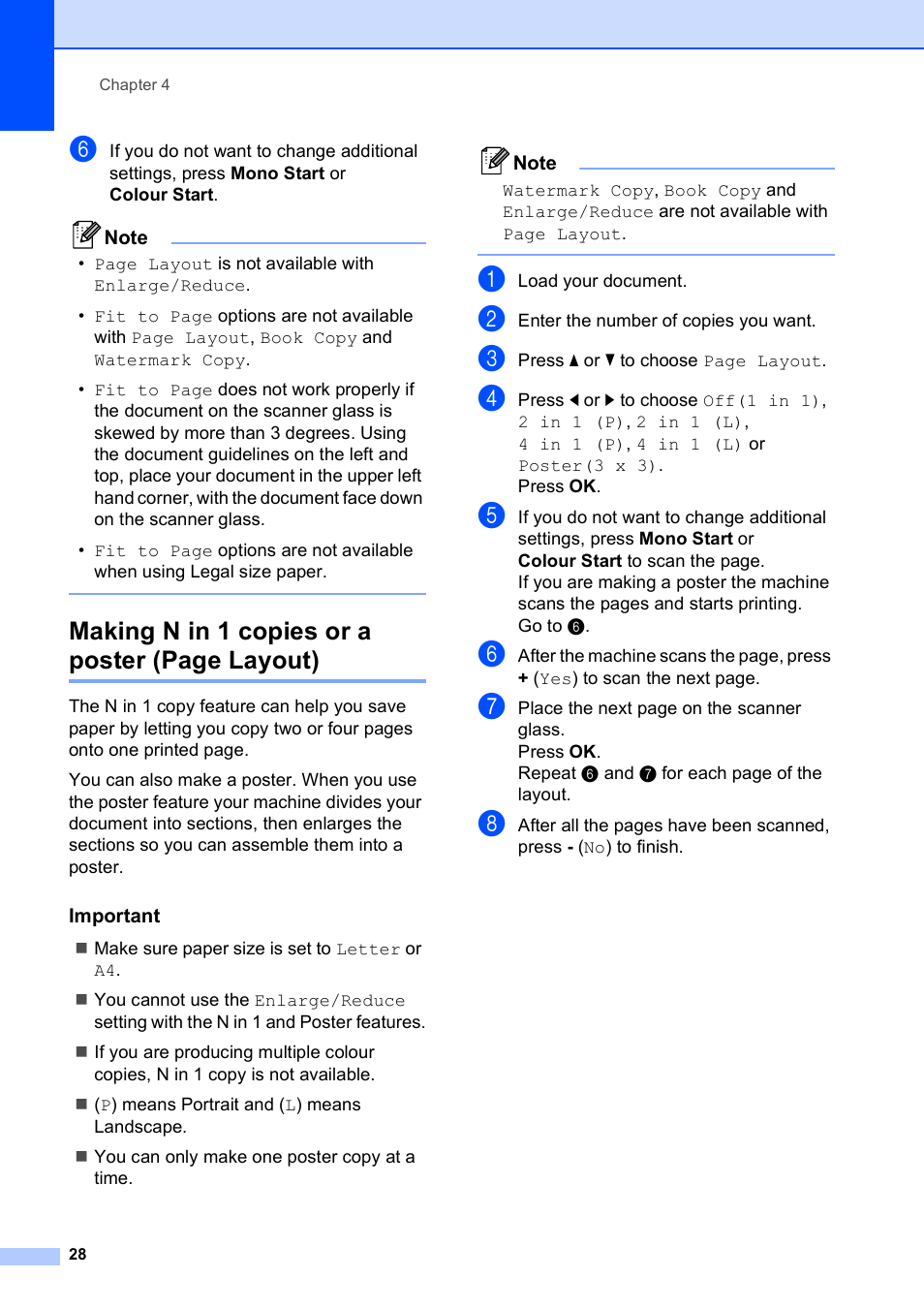 Important, Making n in 1 copies or a poster (page layout) | Brother DCP-585CW User Manual | Page 36 / 126