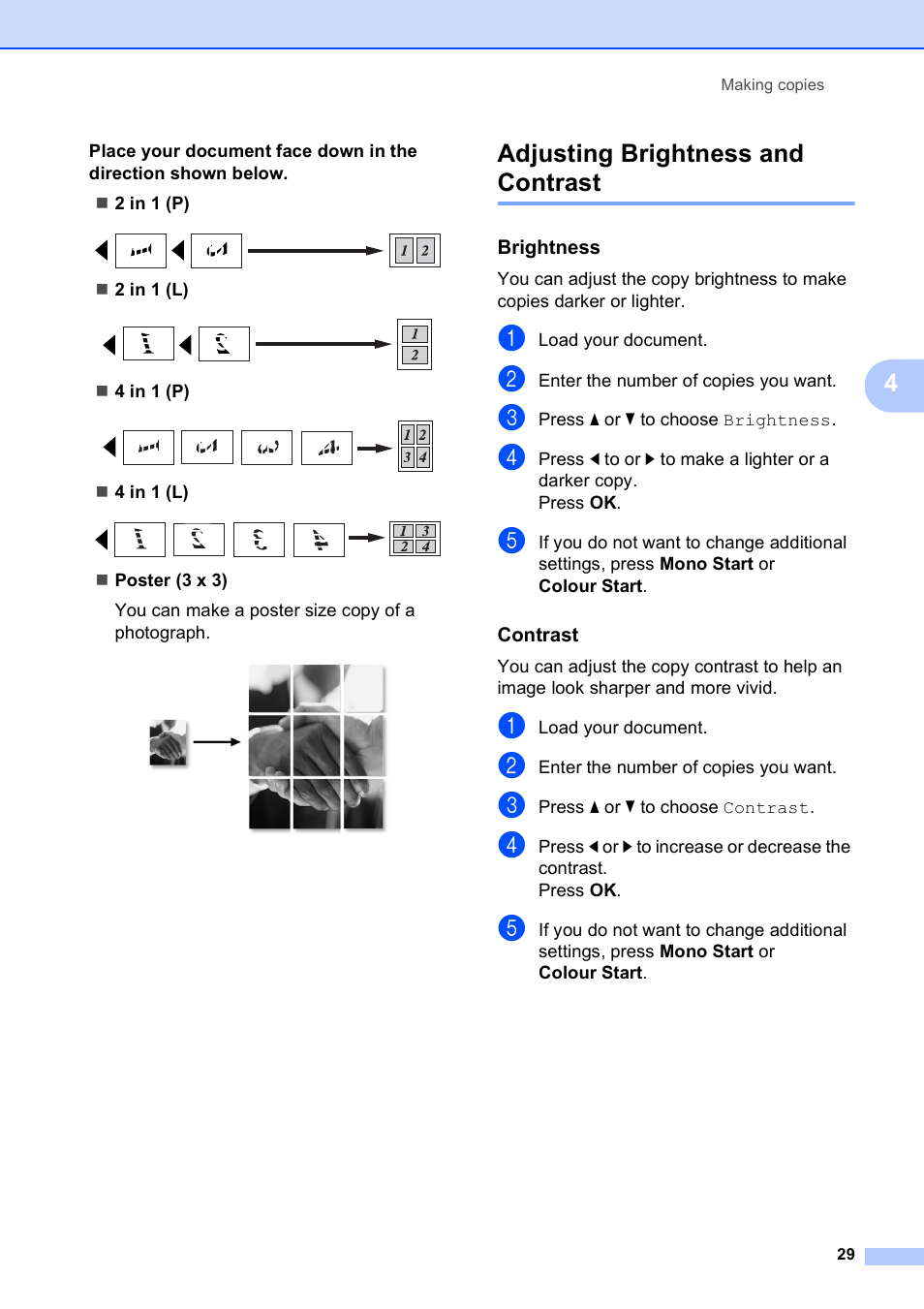 Adjusting brightness and contrast, Brightness, Contrast | Brother DCP-585CW User Manual | Page 37 / 126