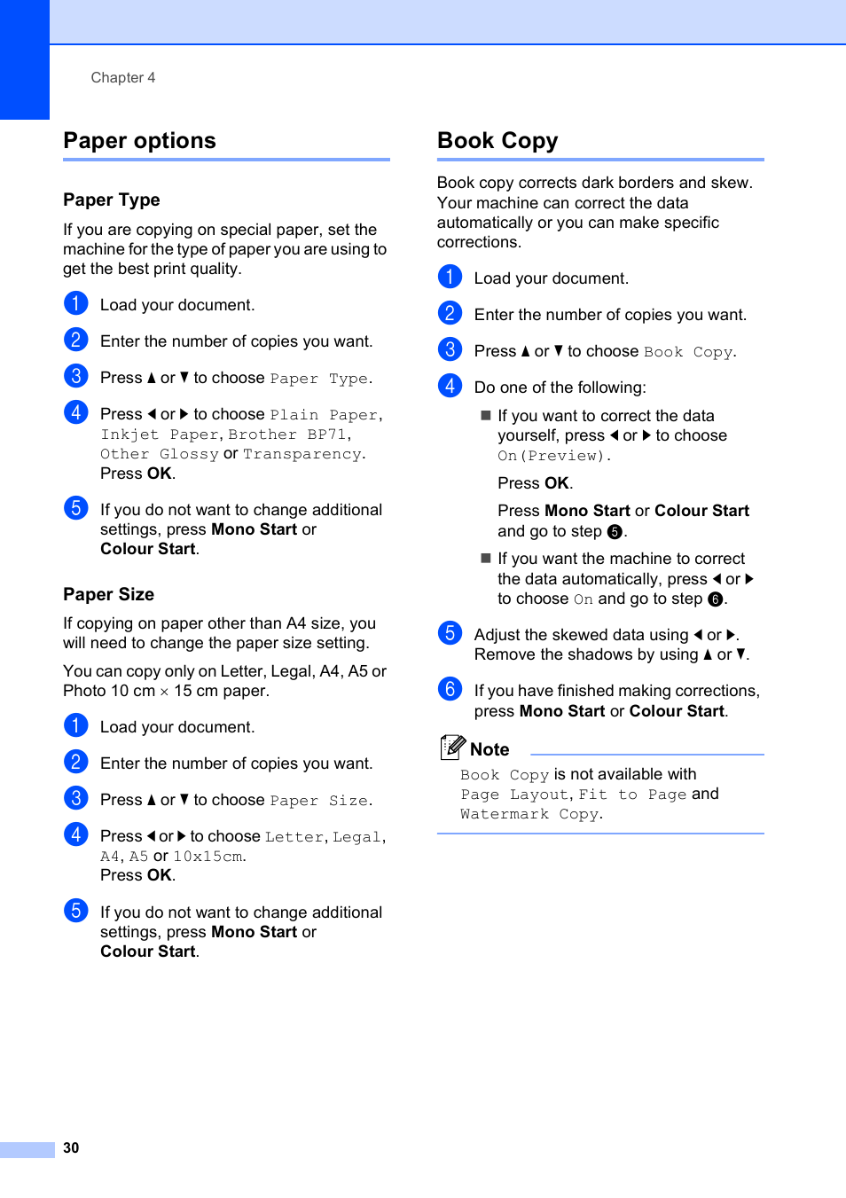 Paper options, Paper type, Paper size | Book copy, Paper options book copy | Brother DCP-585CW User Manual | Page 38 / 126