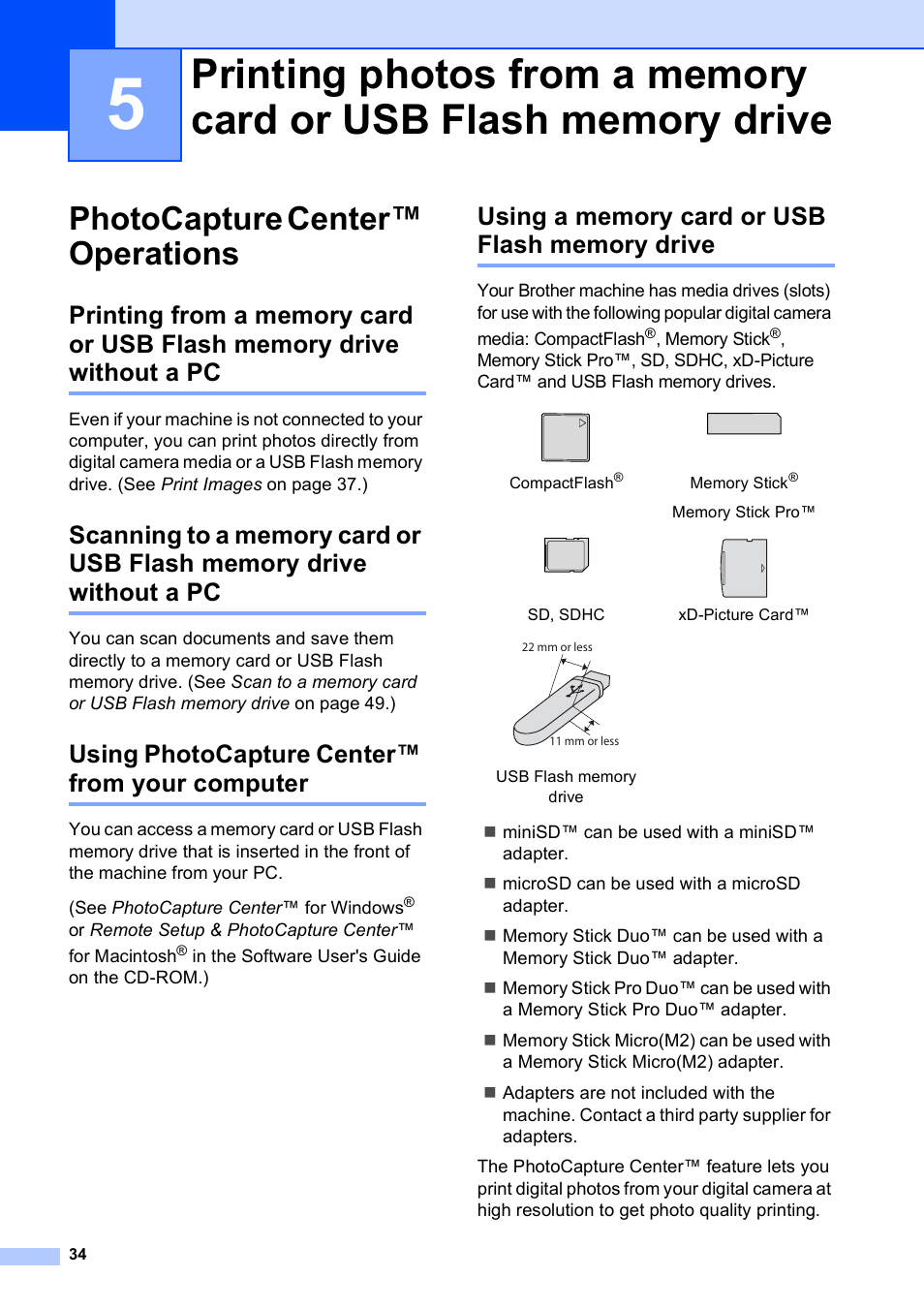 Photocapture center™ operations, Using photocapture center™ from your computer, Using a memory card or usb flash memory drive | Brother DCP-585CW User Manual | Page 42 / 126