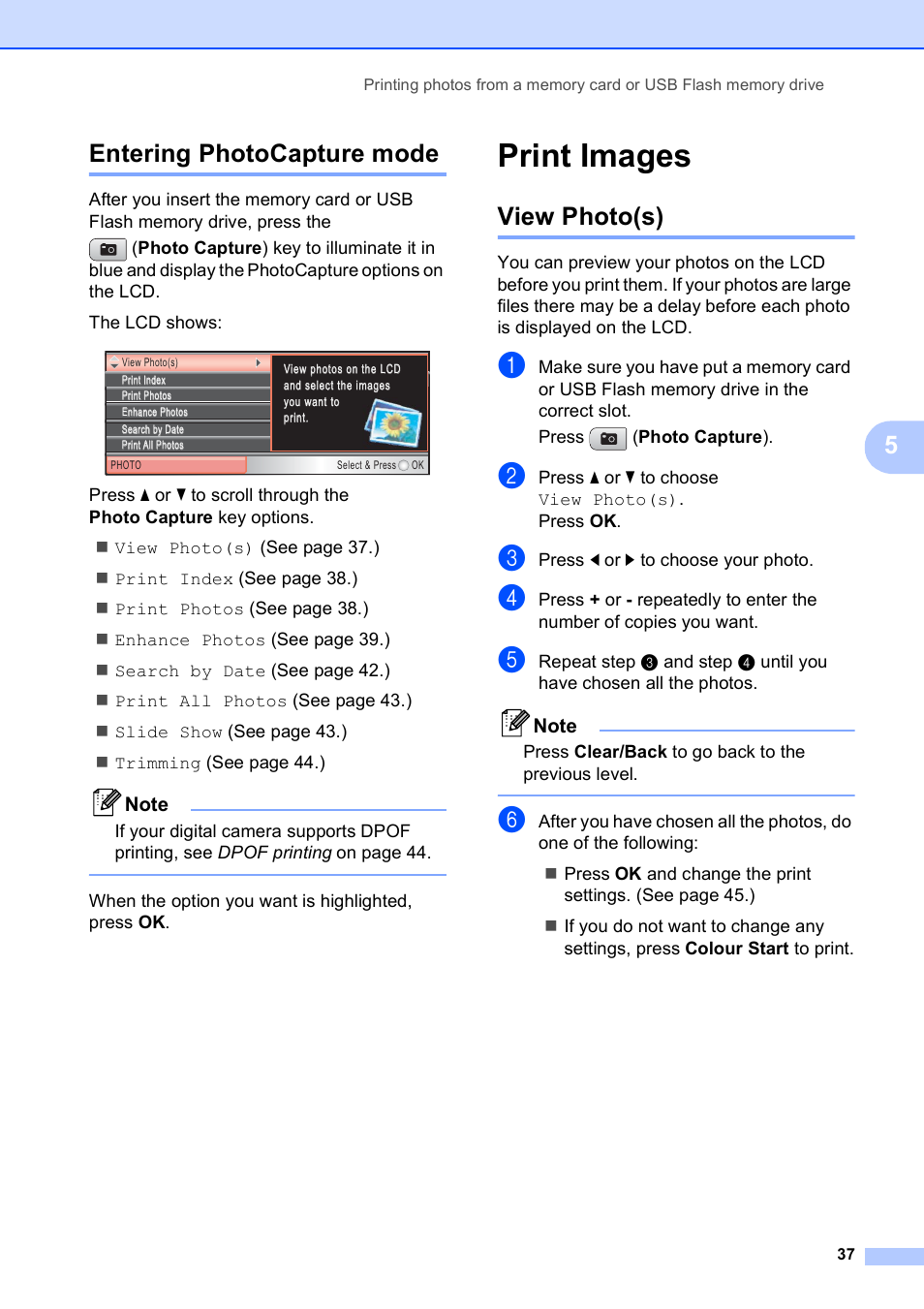 Entering photocapture mode, Print images, View photo(s) | 5entering photocapture mode | Brother DCP-585CW User Manual | Page 45 / 126
