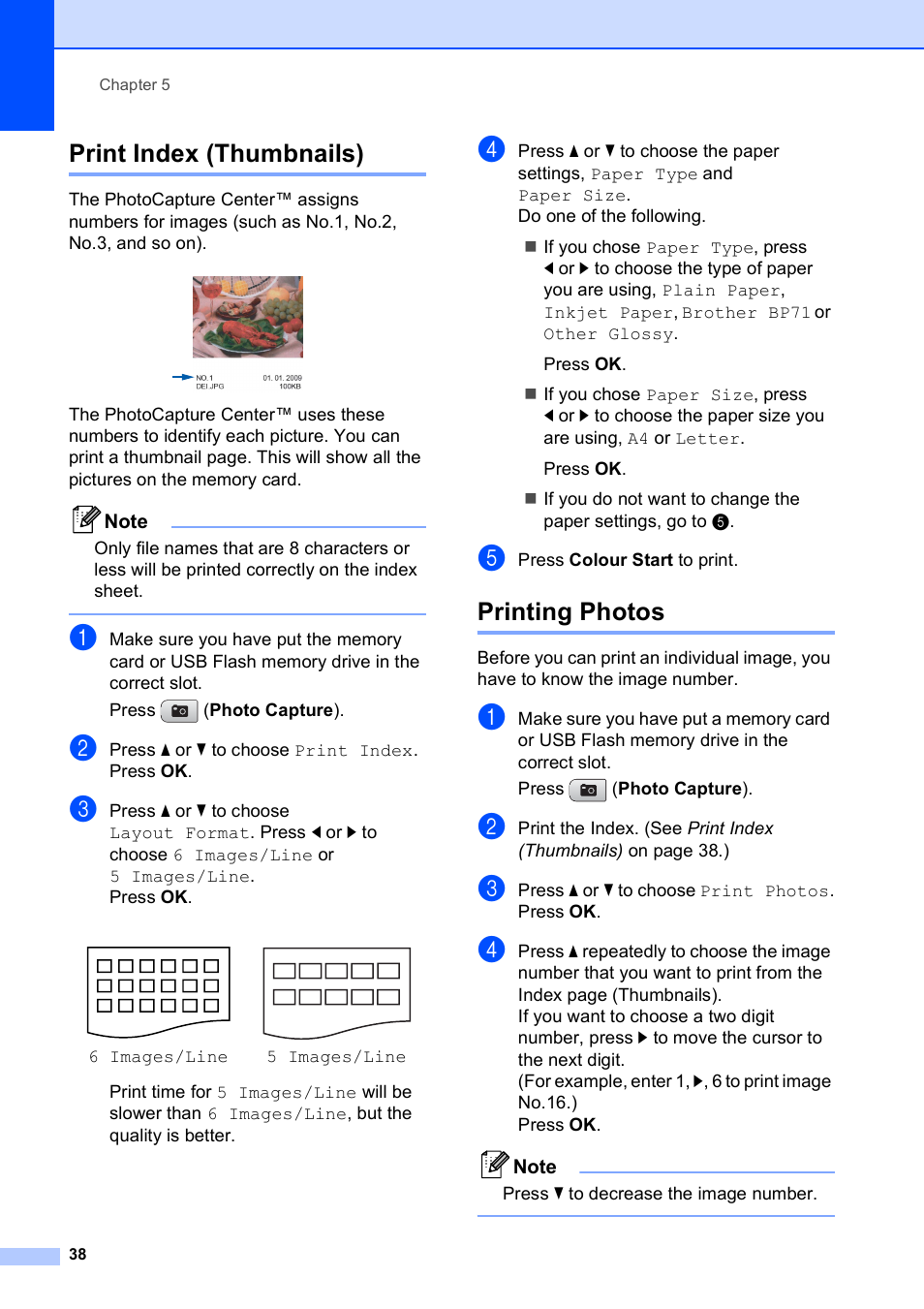 Print index (thumbnails), Printing photos, Print index (thumbnails) printing photos | Brother DCP-585CW User Manual | Page 46 / 126