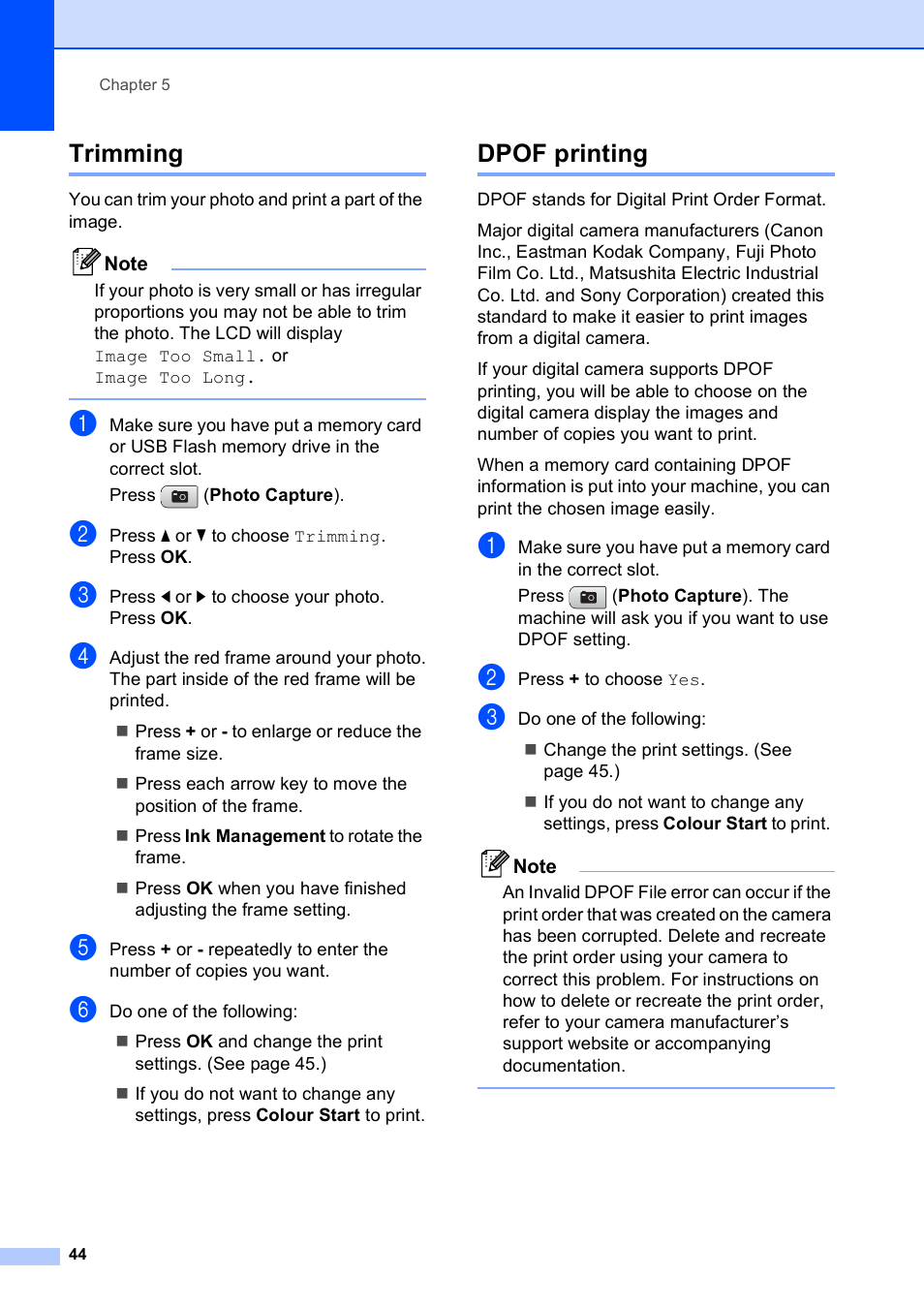 Trimming, Dpof printing, Trimming dpof printing | Brother DCP-585CW User Manual | Page 52 / 126
