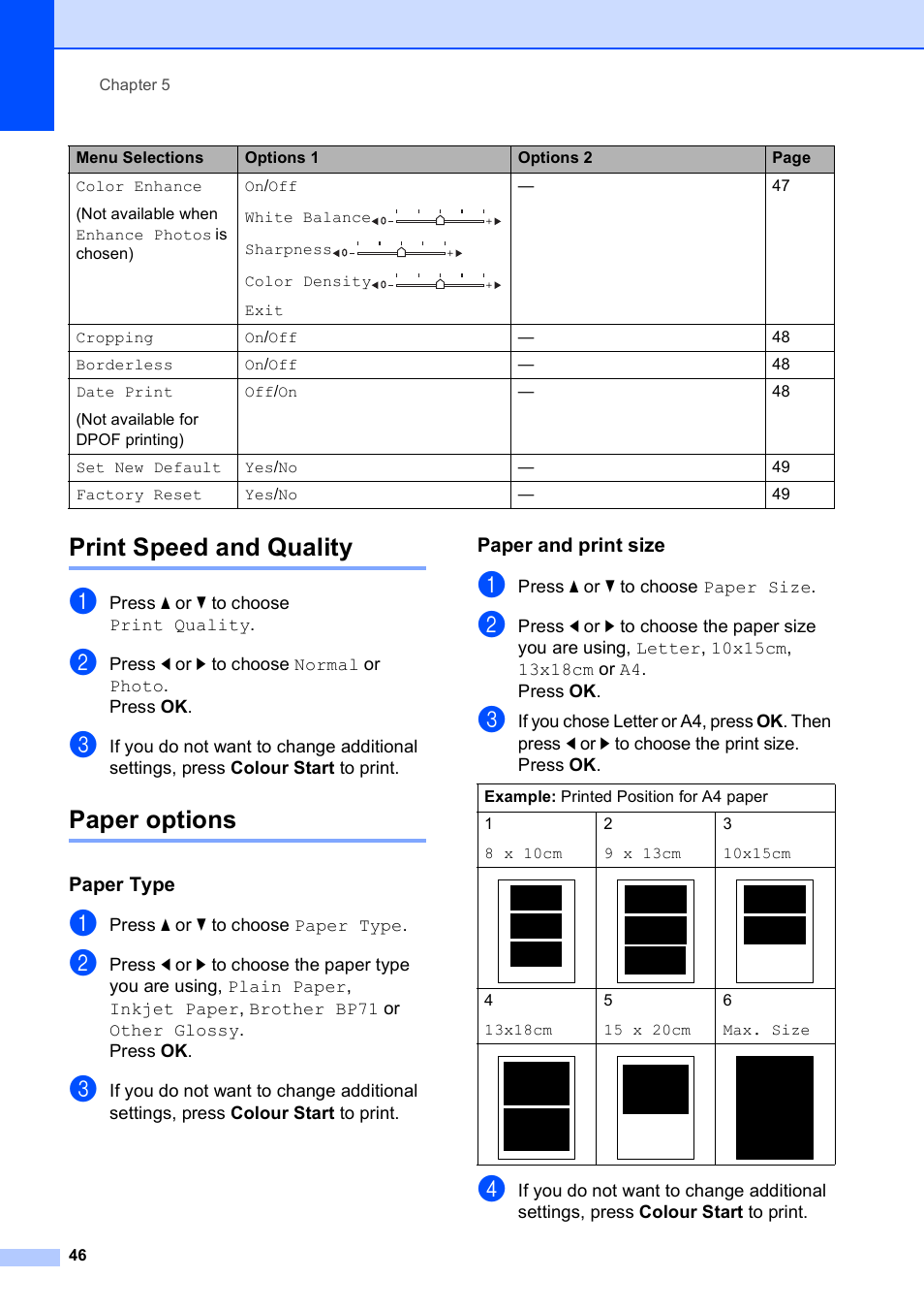 Print speed and quality, Paper options, Paper type | Paper and print size, Print speed and quality paper options | Brother DCP-585CW User Manual | Page 54 / 126