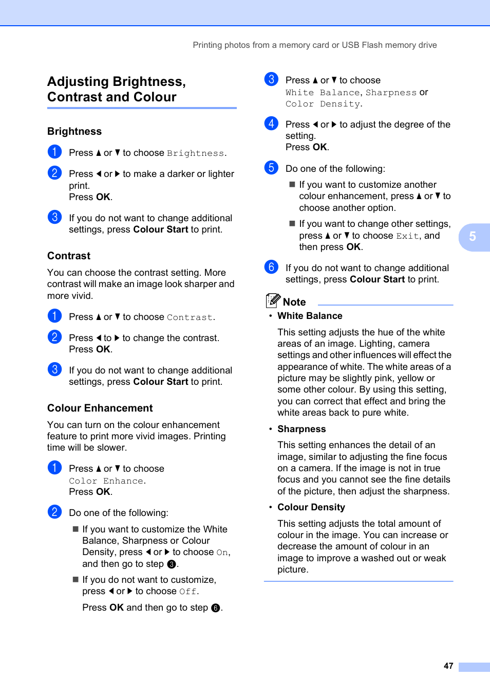 Adjusting brightness, contrast and colour, Brightness, Contrast | Colour enhancement, 5adjusting brightness, contrast and colour | Brother DCP-585CW User Manual | Page 55 / 126