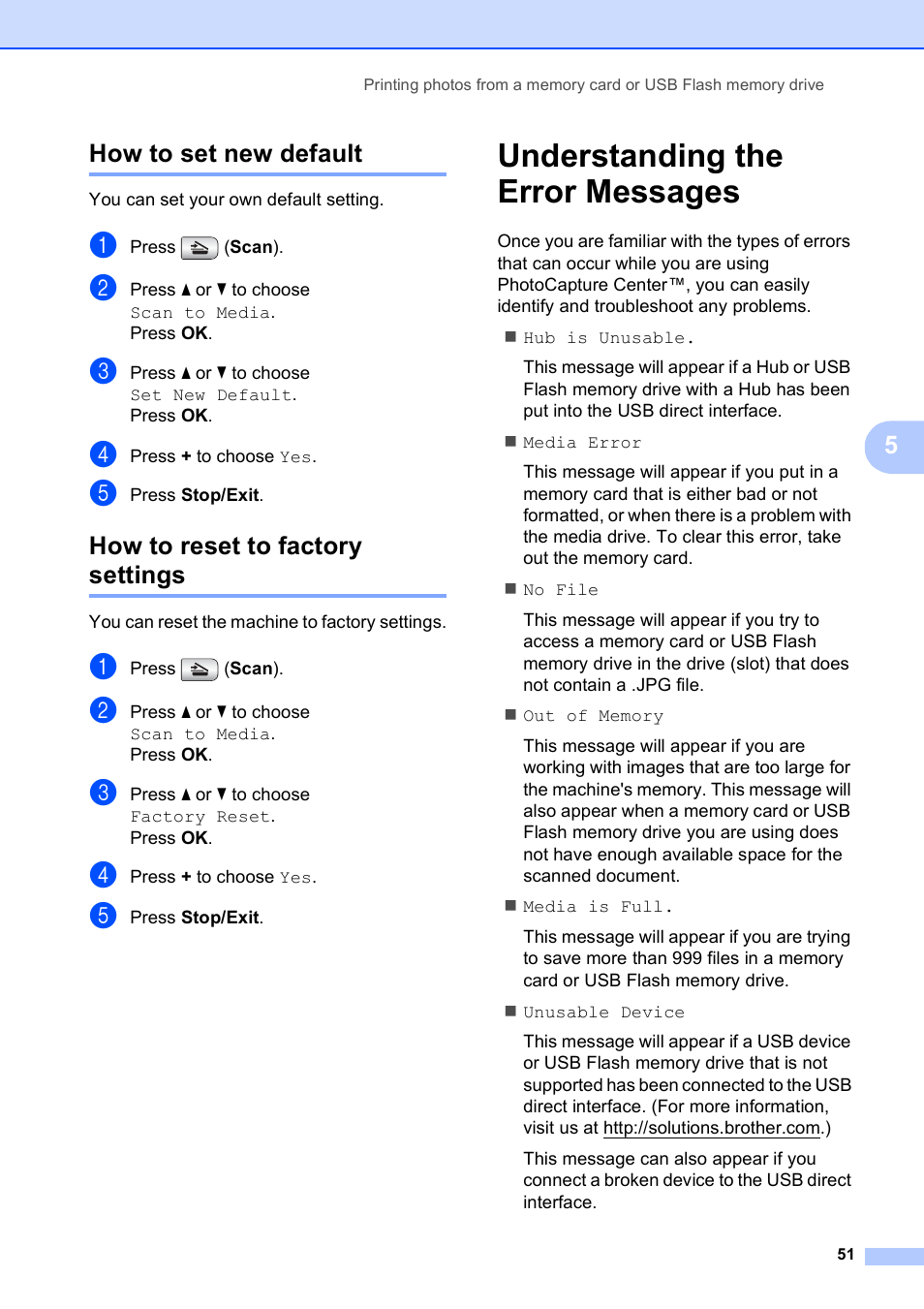 How to set new default, How to reset to factory settings, Understanding the error messages | 5how to set new default | Brother DCP-585CW User Manual | Page 59 / 126
