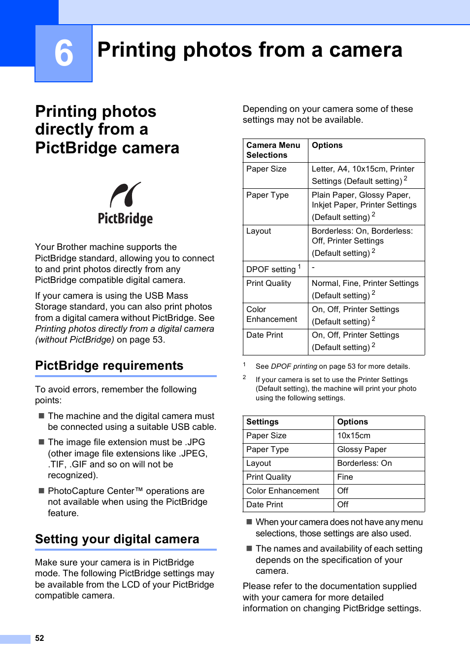 6 printing photos from a camera, Printing photos directly from a pictbridge camera, Pictbridge requirements | Setting your digital camera, Printing photos from a camera | Brother DCP-585CW User Manual | Page 60 / 126