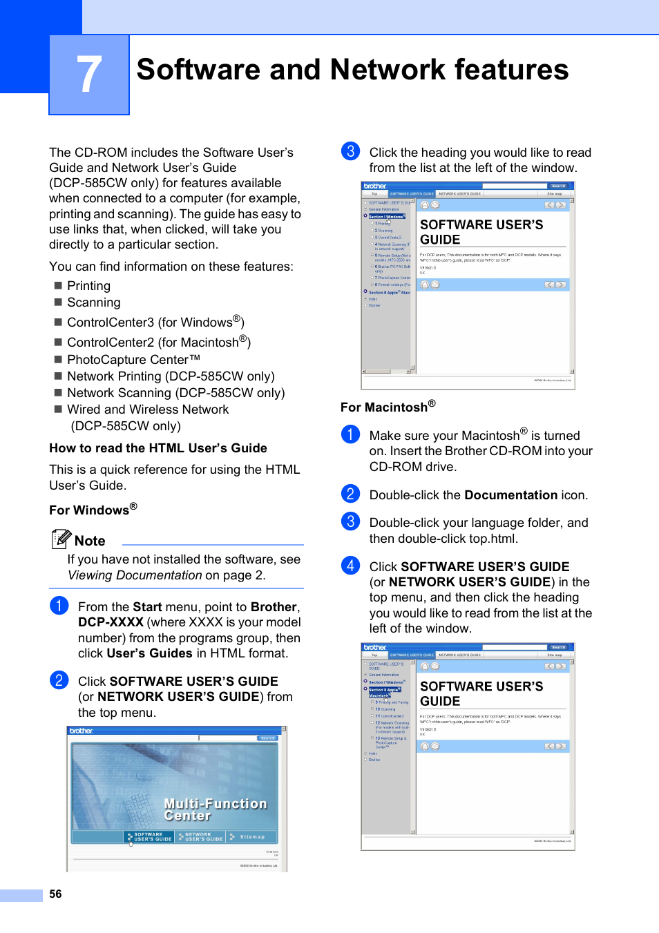 7 software and network features, Software and network features | Brother DCP-585CW User Manual | Page 64 / 126