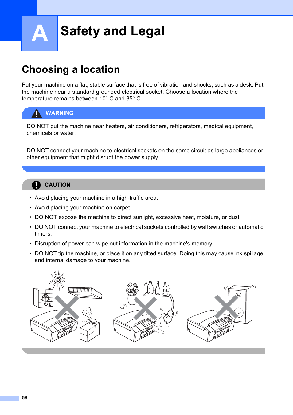 A safety and legal, Choosing a location, Safety and legal | Brother DCP-585CW User Manual | Page 66 / 126