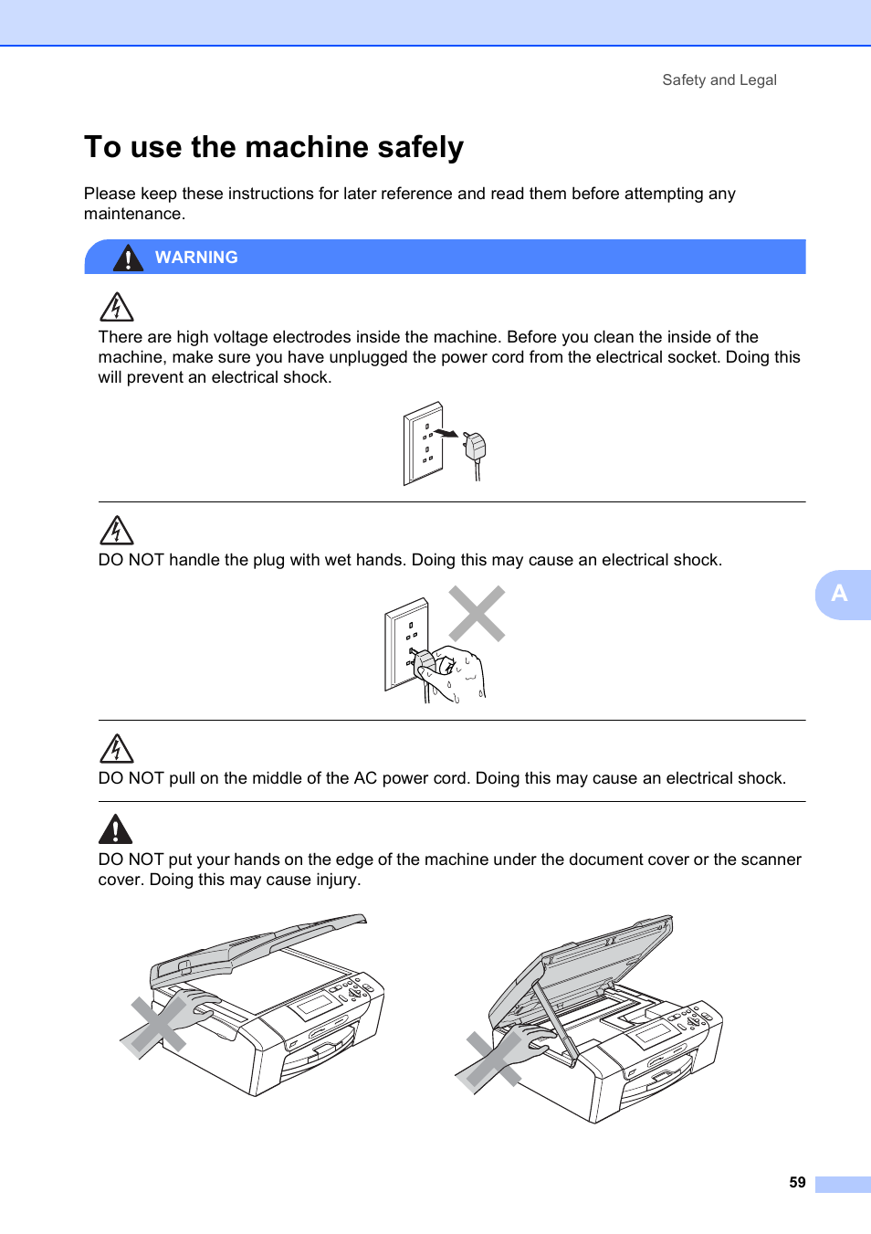 To use the machine safely, Safety and legal 59 | Brother DCP-585CW User Manual | Page 67 / 126