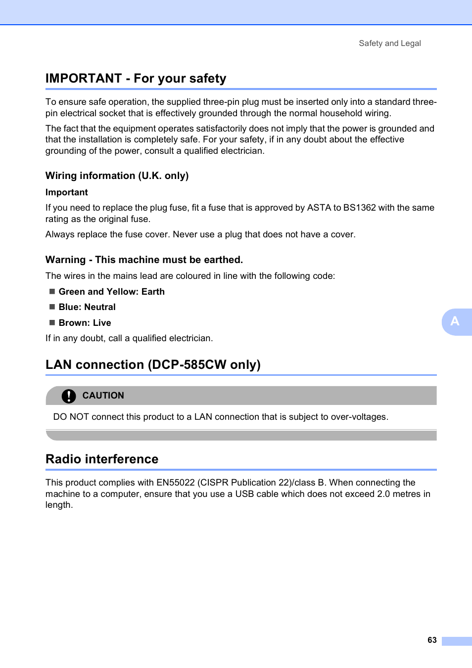 Important - for your safety, Lan connection (dcp-585cw only), Radio interference | Aimportant - for your safety, Wiring information (u.k. only), Warning - this machine must be earthed | Brother DCP-585CW User Manual | Page 71 / 126