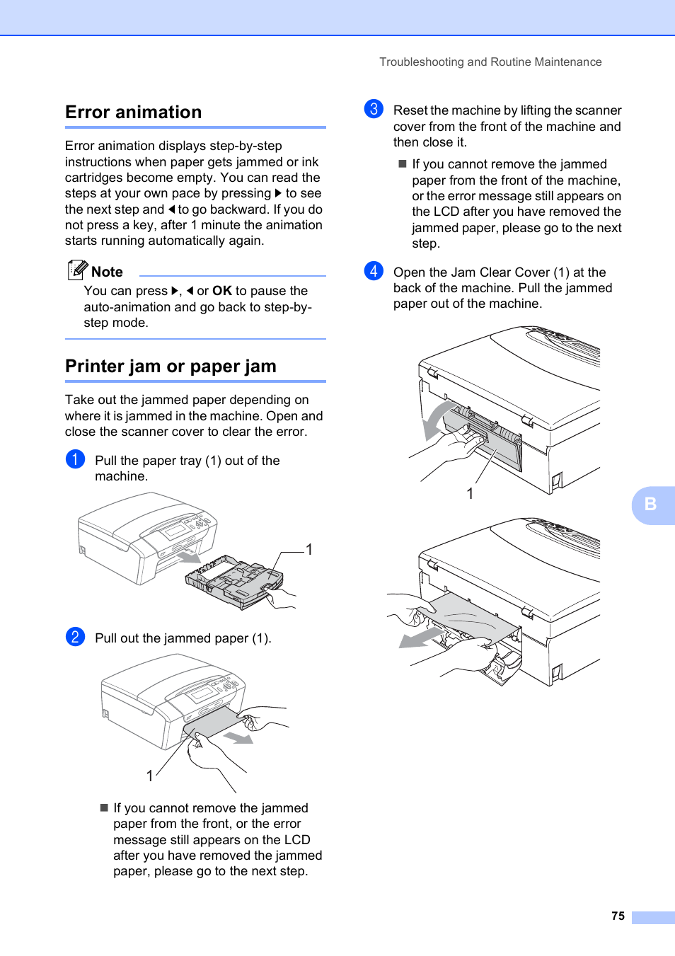 Error animation, Printer jam or paper jam, Error animation printer jam or paper jam | Berror animation | Brother DCP-585CW User Manual | Page 83 / 126