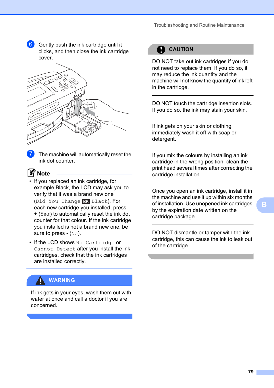 Warning, Caution, Troubleshooting and routine maintenance 79 | Brother DCP-585CW User Manual | Page 87 / 126