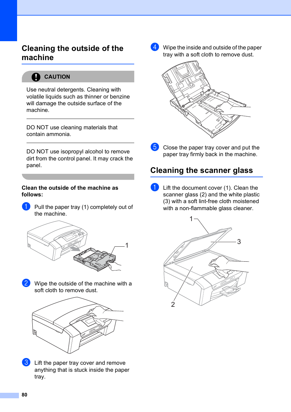 Cleaning the outside of the machine, Cleaning the scanner glass | Brother DCP-585CW User Manual | Page 88 / 126