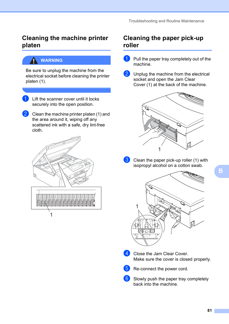 Cleaning the machine printer platen, Cleaning the paper pick-up roller, Bcleaning the machine printer platen | Brother DCP-585CW User Manual | Page 89 / 126