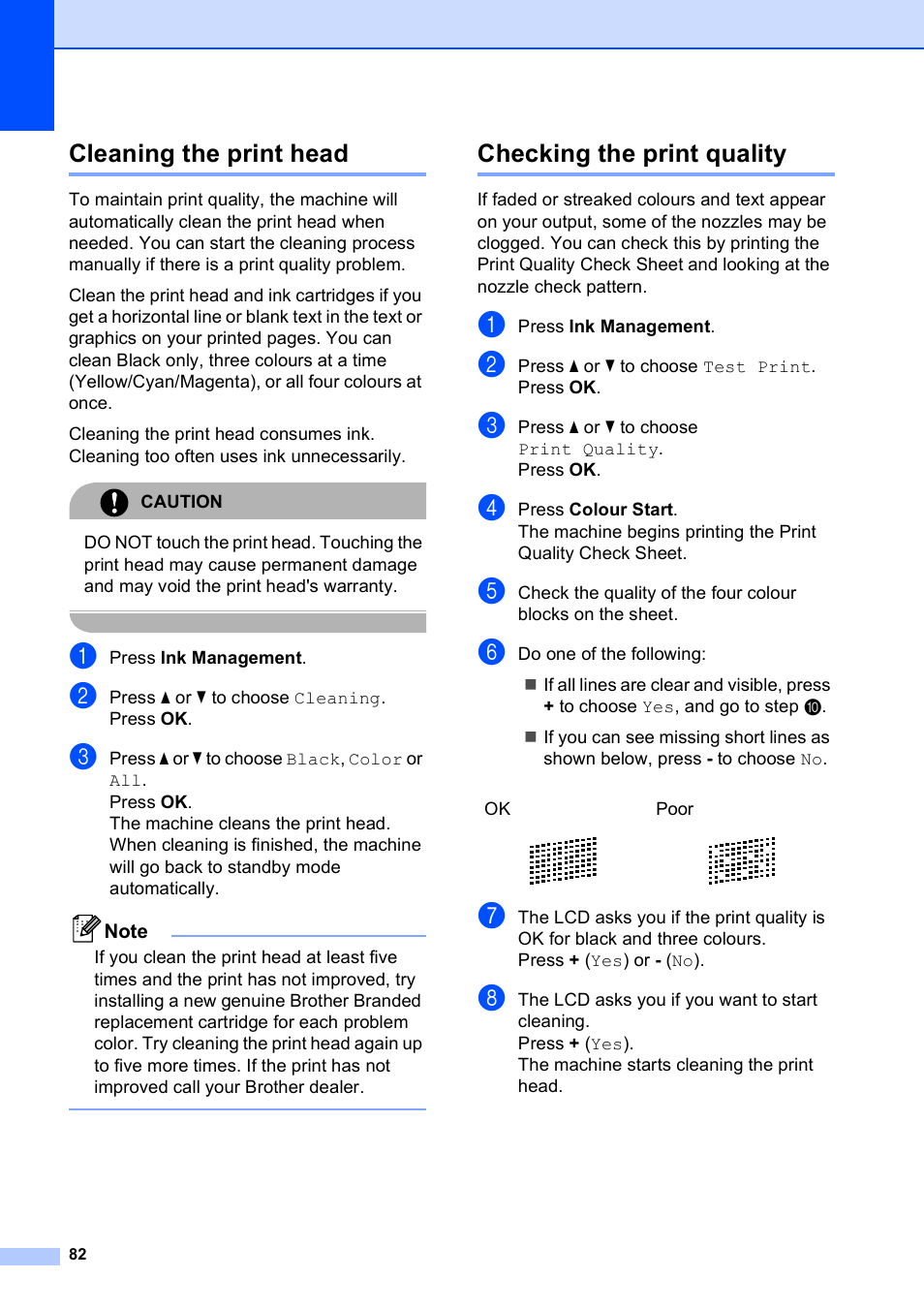 Cleaning the print head, Checking the print quality, Cleaning the print head checking the print quality | Brother DCP-585CW User Manual | Page 90 / 126