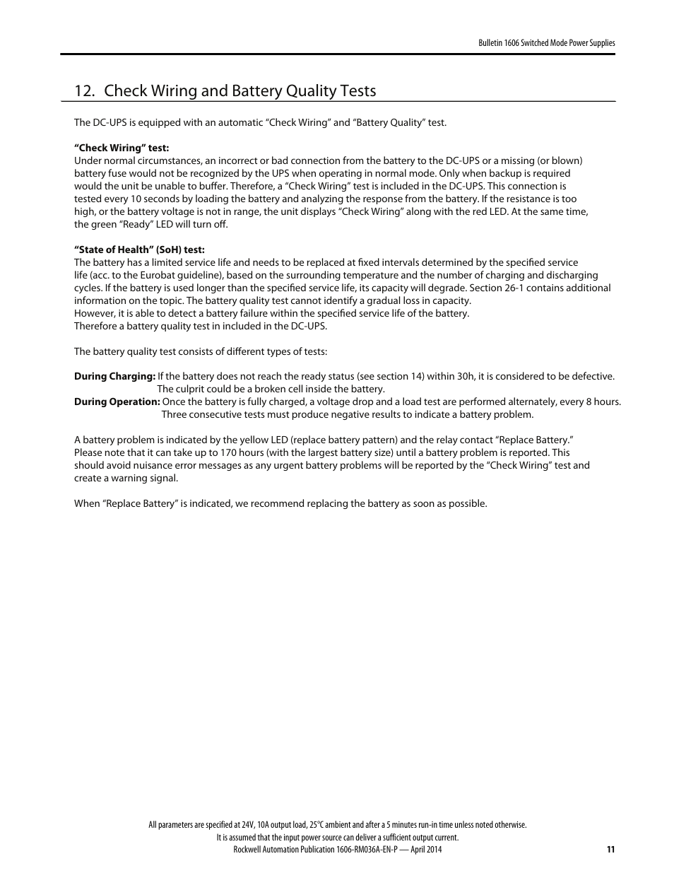 Check wiring and battery quality tests | Rockwell Automation 1606-XLS240-UPS Power Supply Reference Manual User Manual | Page 11 / 26