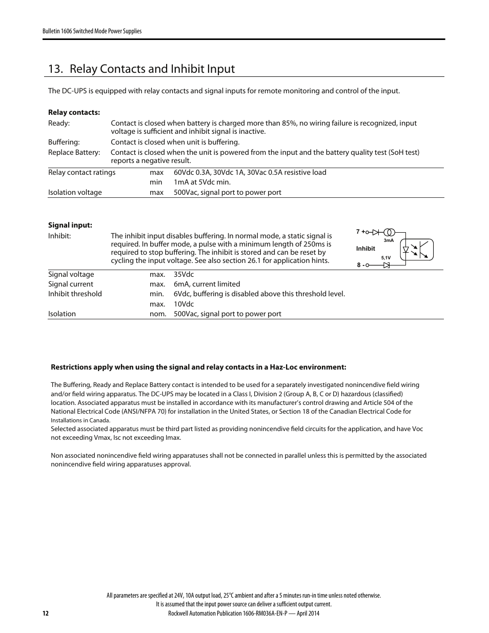 Relay contacts and inhibit input | Rockwell Automation 1606-XLS240-UPS Power Supply Reference Manual User Manual | Page 12 / 26