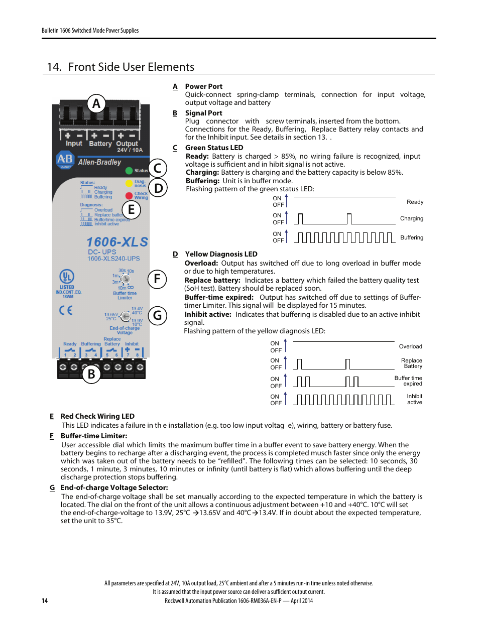 Front side user elements | Rockwell Automation 1606-XLS240-UPS Power Supply Reference Manual User Manual | Page 14 / 26