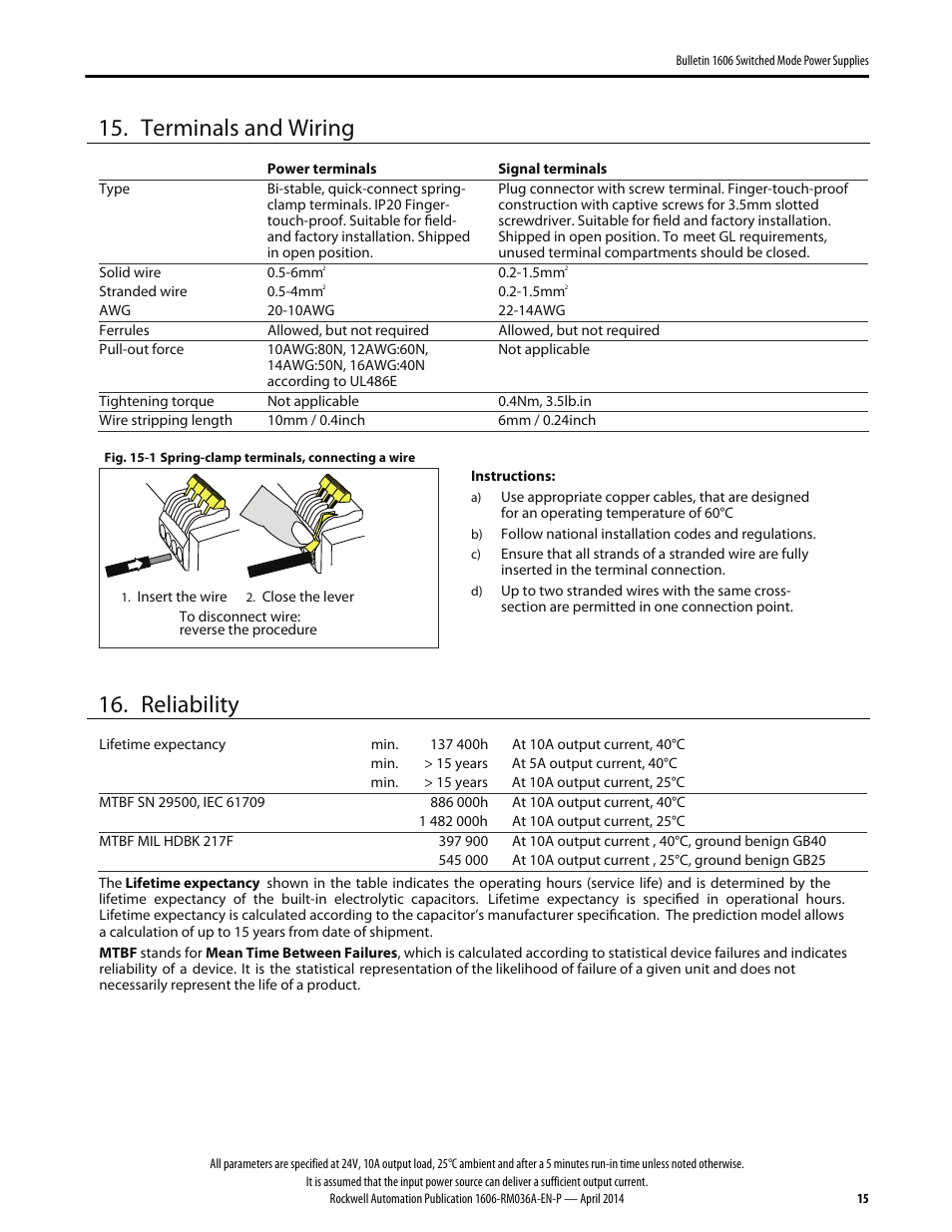 Terminals and wiring, Reliability | Rockwell Automation 1606-XLS240-UPS Power Supply Reference Manual User Manual | Page 15 / 26