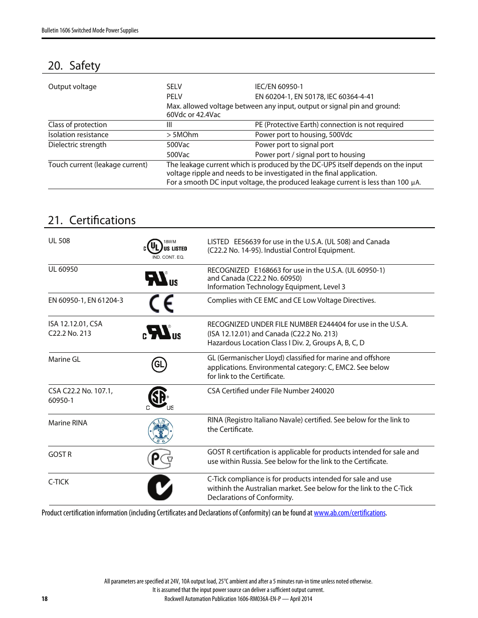 Safety, Certifications | Rockwell Automation 1606-XLS240-UPS Power Supply Reference Manual User Manual | Page 18 / 26