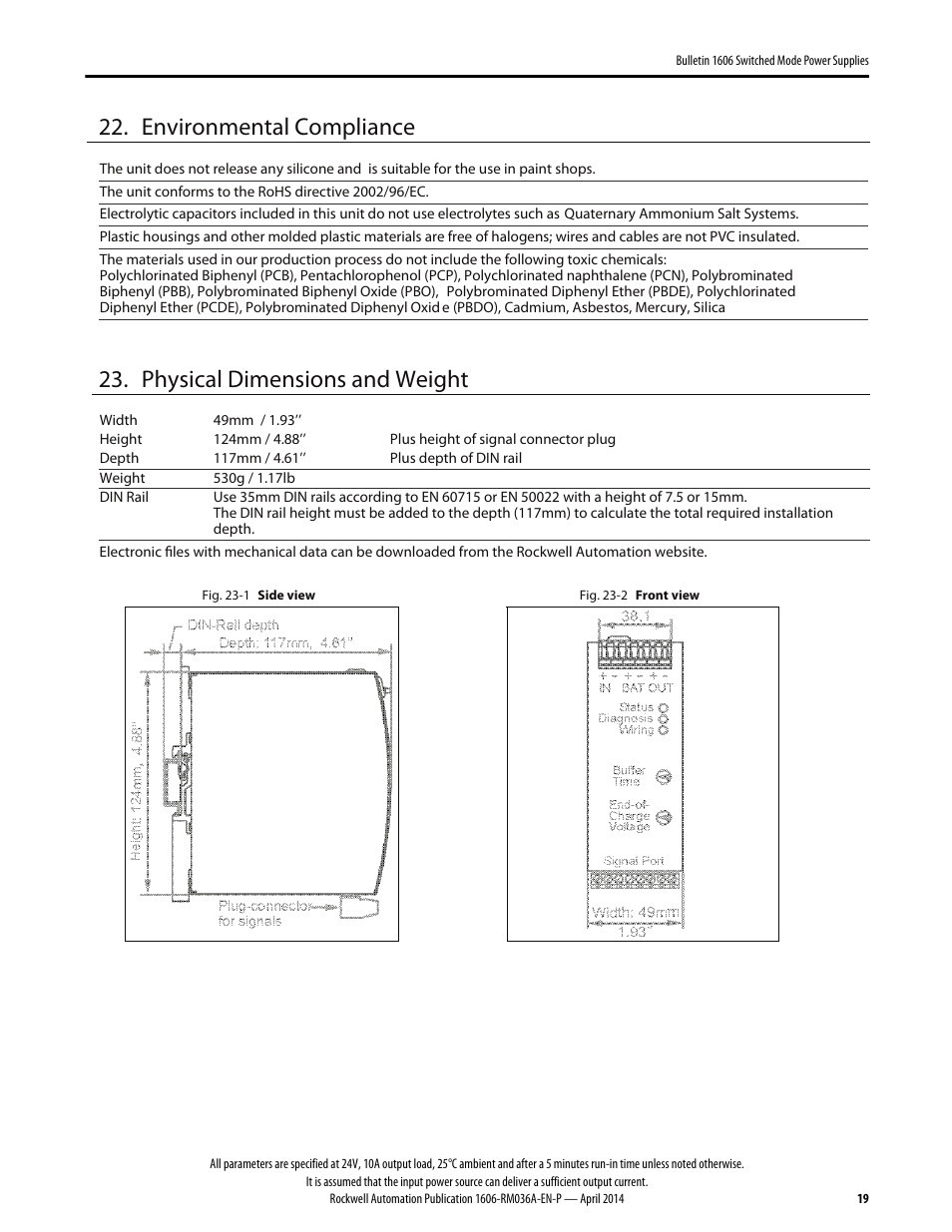 Environmental compliance, Physical dimensions and weight | Rockwell Automation 1606-XLS240-UPS Power Supply Reference Manual User Manual | Page 19 / 26