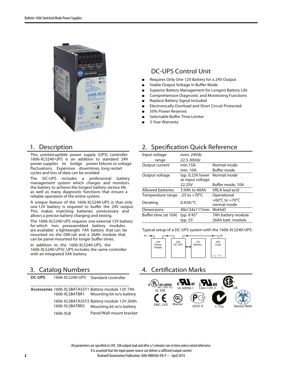 Dc-ups control unit, Description, Specification quick reference | Catalog numbers, Certification marks | Rockwell Automation 1606-XLS240-UPS Power Supply Reference Manual User Manual | Page 2 / 26