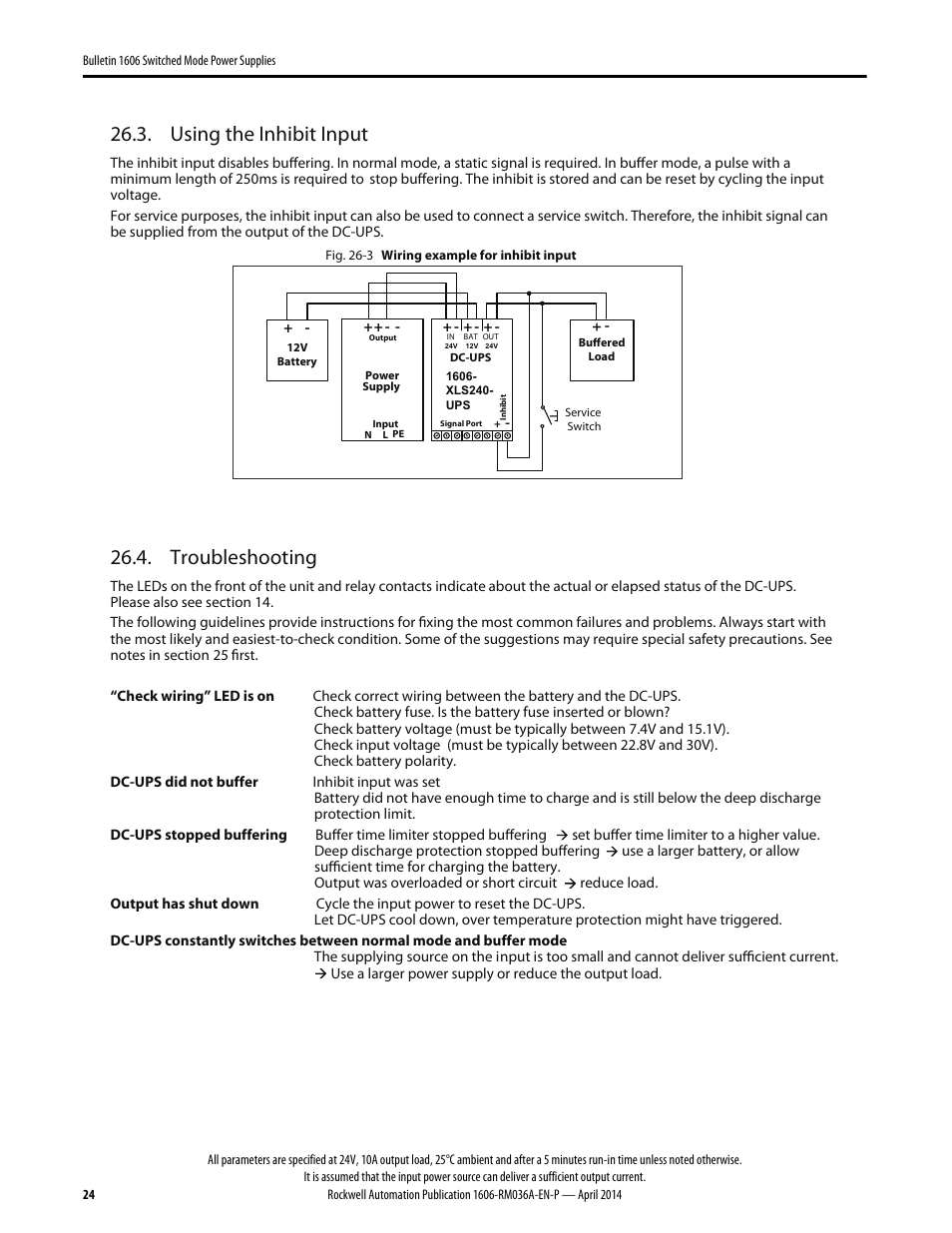 Using the inhibit input, Troubleshooting | Rockwell Automation 1606-XLS240-UPS Power Supply Reference Manual User Manual | Page 24 / 26