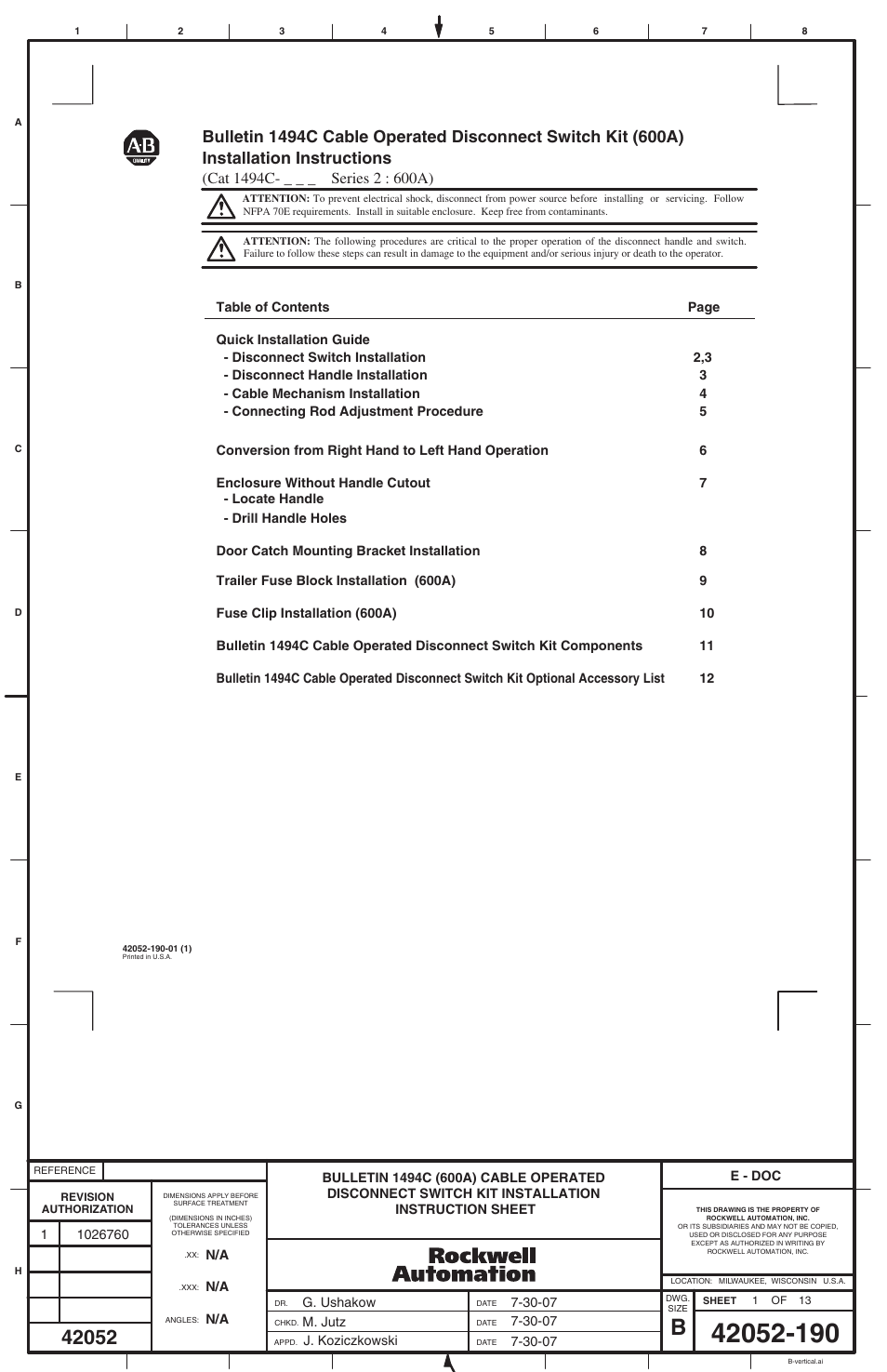 Rockwell Automation 1494C-xxx - Series 2 Cable Operated Disconnect Switch Kit and Acessories (600A) User Manual | 12 pages