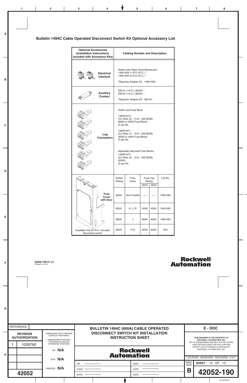 E - doc | Rockwell Automation 1494C-xxx - Series 2 Cable Operated Disconnect Switch Kit and Acessories (600A) User Manual | Page 12 / 12