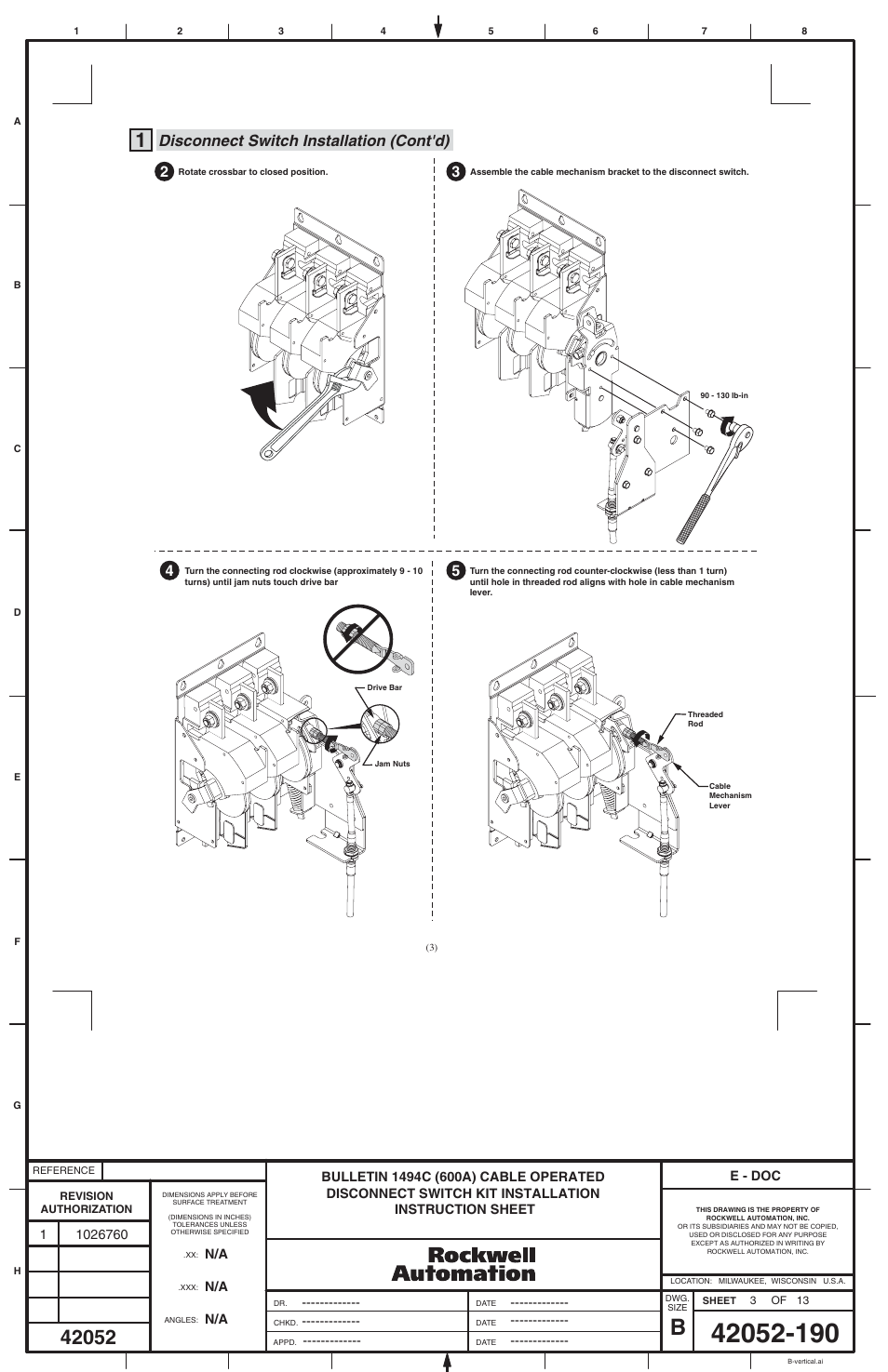 Disconnect switch installation (cont'd) | Rockwell Automation 1494C-xxx - Series 2 Cable Operated Disconnect Switch Kit and Acessories (600A) User Manual | Page 3 / 12