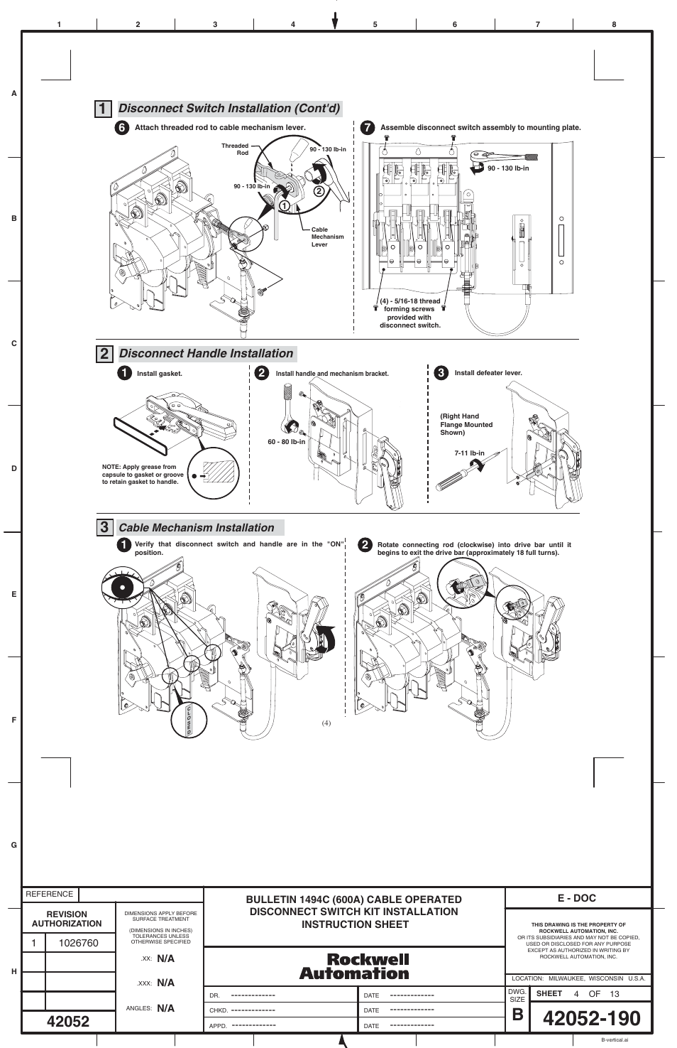 Disconnect switch installation (cont'd), Disconnect handle installation, Cable mechanism installation | Rockwell Automation 1494C-xxx - Series 2 Cable Operated Disconnect Switch Kit and Acessories (600A) User Manual | Page 4 / 12