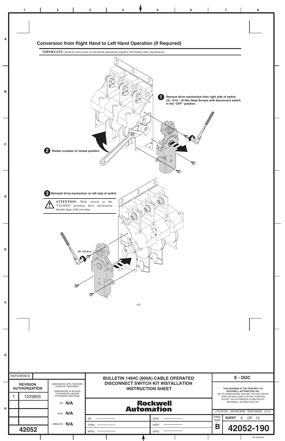 Rockwell Automation 1494C-xxx - Series 2 Cable Operated Disconnect Switch Kit and Acessories (600A) User Manual | Page 6 / 12