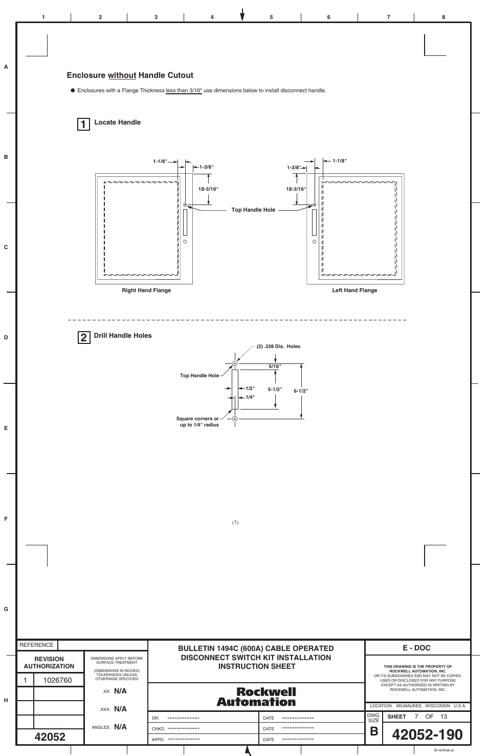 Enclosure without handle cutout | Rockwell Automation 1494C-xxx - Series 2 Cable Operated Disconnect Switch Kit and Acessories (600A) User Manual | Page 7 / 12
