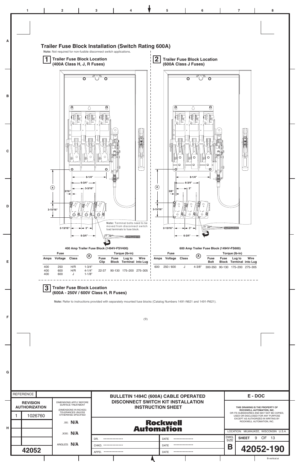 E - doc | Rockwell Automation 1494C-xxx - Series 2 Cable Operated Disconnect Switch Kit and Acessories (600A) User Manual | Page 9 / 12