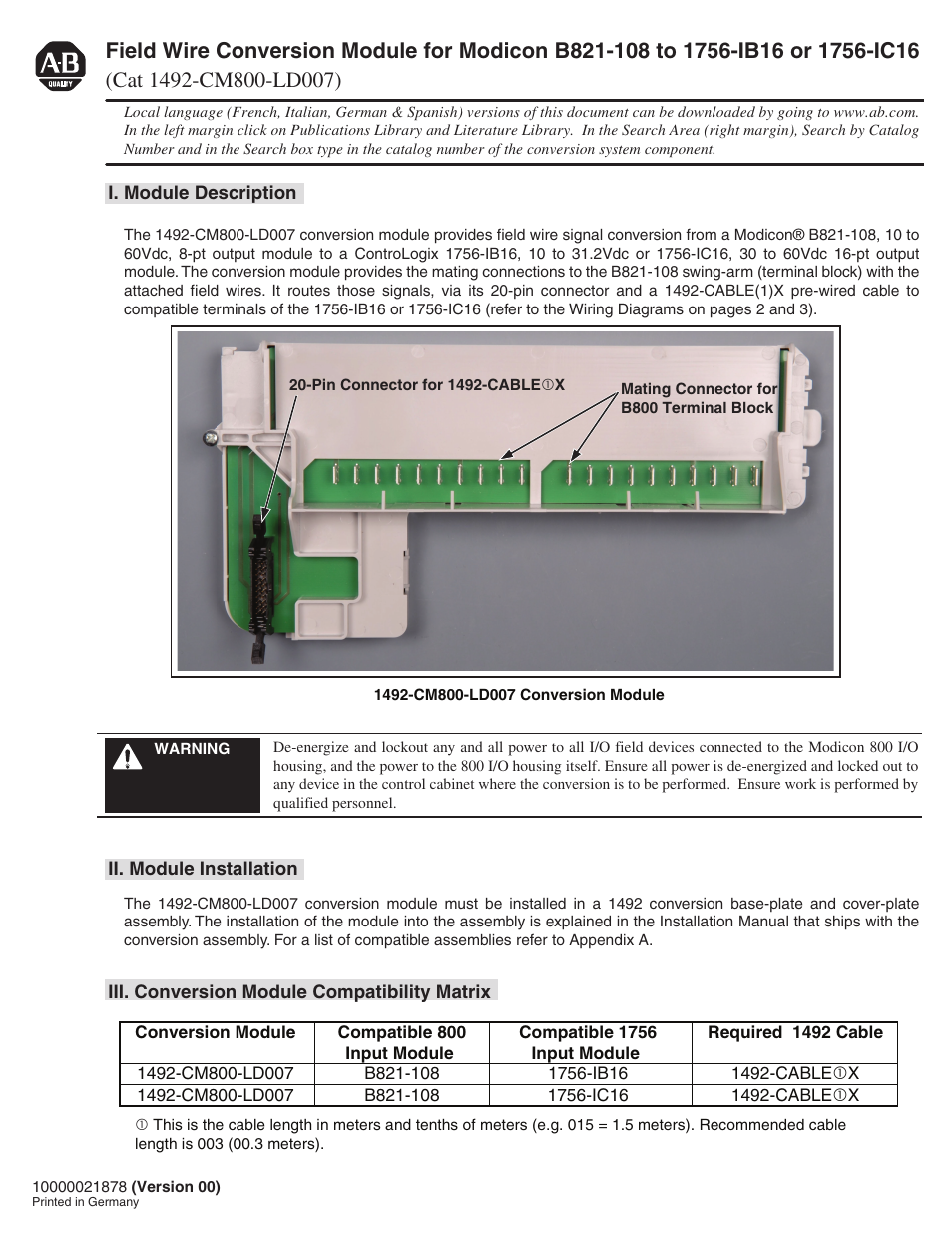 Rockwell Automation 1492-CM800-LD007 Field Wire Conv. Module for Modicon B821-108 to 1756-IC16 User Manual | 4 pages