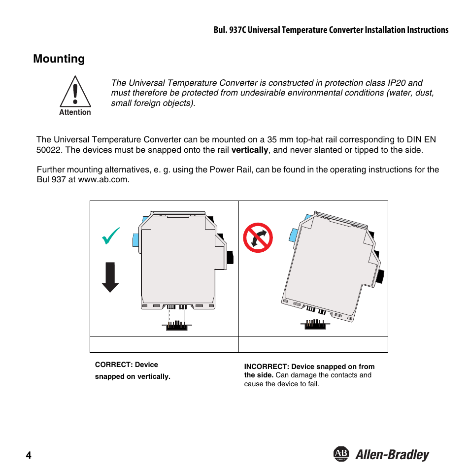 Mounting | Rockwell Automation 937CS-AITMP-DC1 Universal Temperature Converter Installation Instructions User Manual | Page 5 / 24