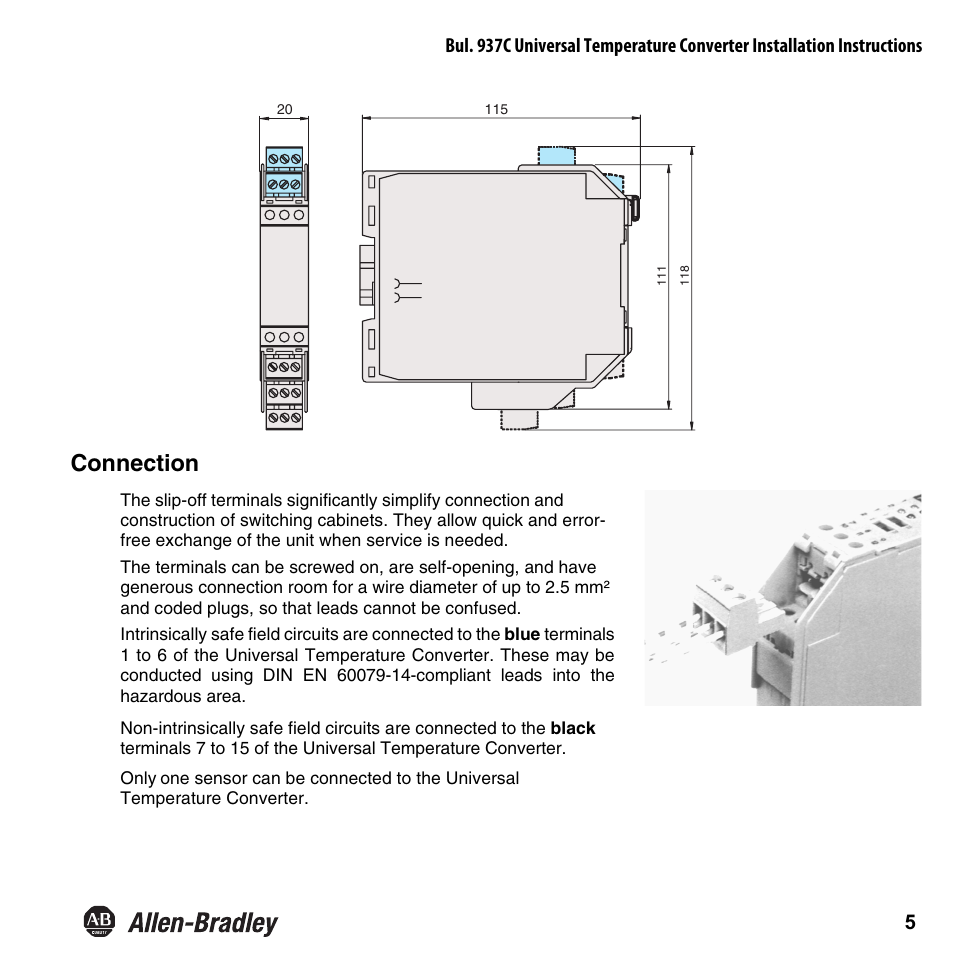 Connection | Rockwell Automation 937CS-AITMP-DC1 Universal Temperature Converter Installation Instructions User Manual | Page 6 / 24