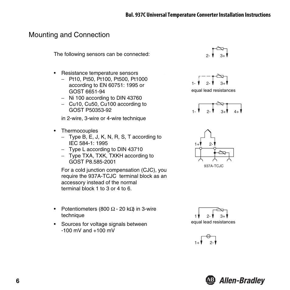 Mounting and connection | Rockwell Automation 937CS-AITMP-DC1 Universal Temperature Converter Installation Instructions User Manual | Page 7 / 24