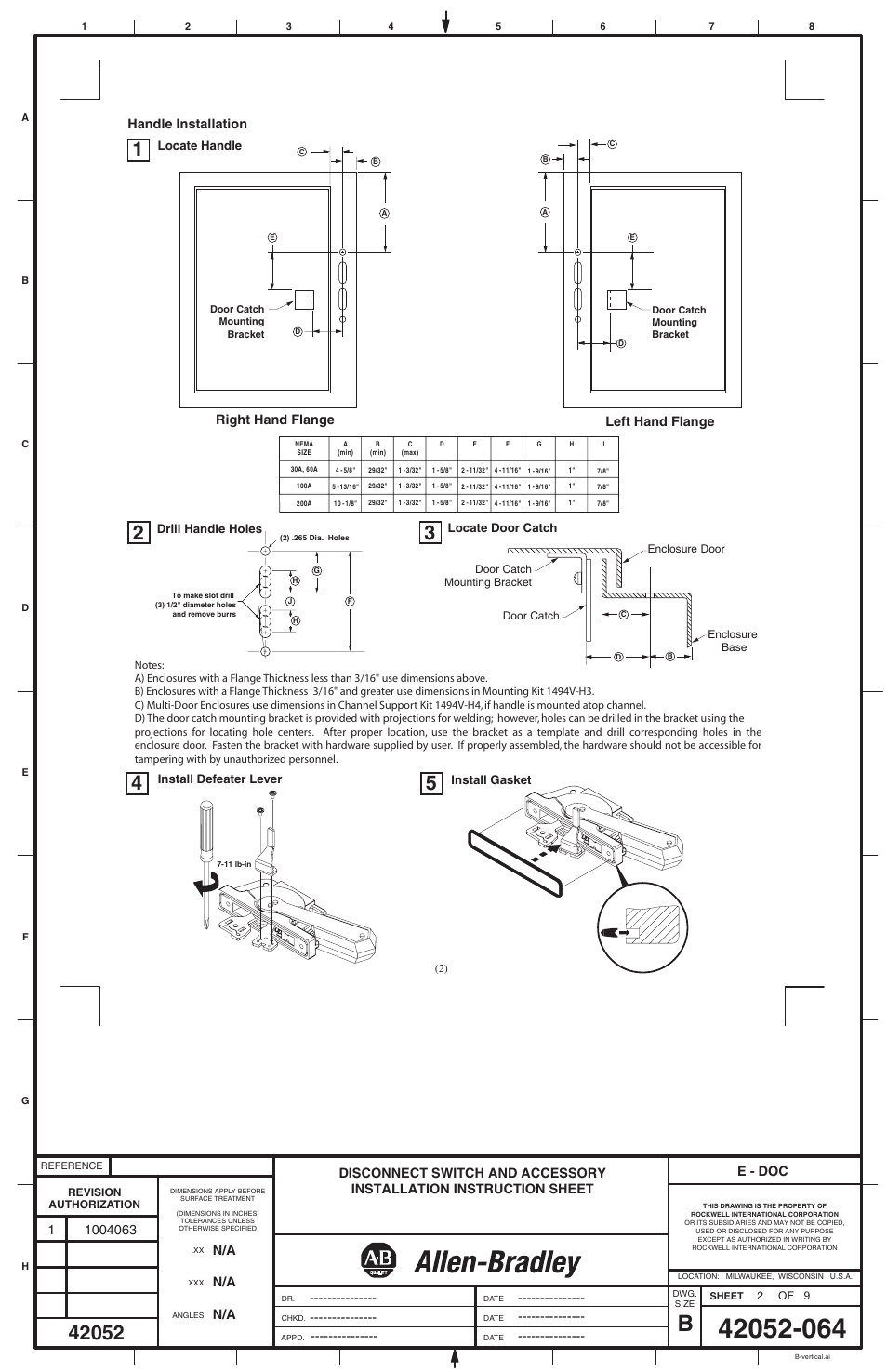 E - doc, Handle installation, Right hand flange left hand flange | Rockwell Automation 1494V-DS30_DS60_DS100_DS200 Disconnect Switch (30/60A - Series A) (100/200A -Series B or C) User Manual | Page 2 / 8