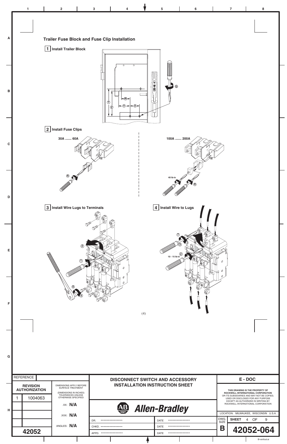E - doc, Trailer fuse block and fuse clip installation | Rockwell Automation 1494V-DS30_DS60_DS100_DS200 Disconnect Switch (30/60A - Series A) (100/200A -Series B or C) User Manual | Page 4 / 8