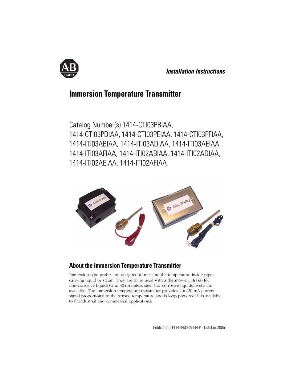 Rockwell Automation 1414-CTIxxxxx_ITIxxxxx Immersion Temperature Transmitter User Manual | 8 pages