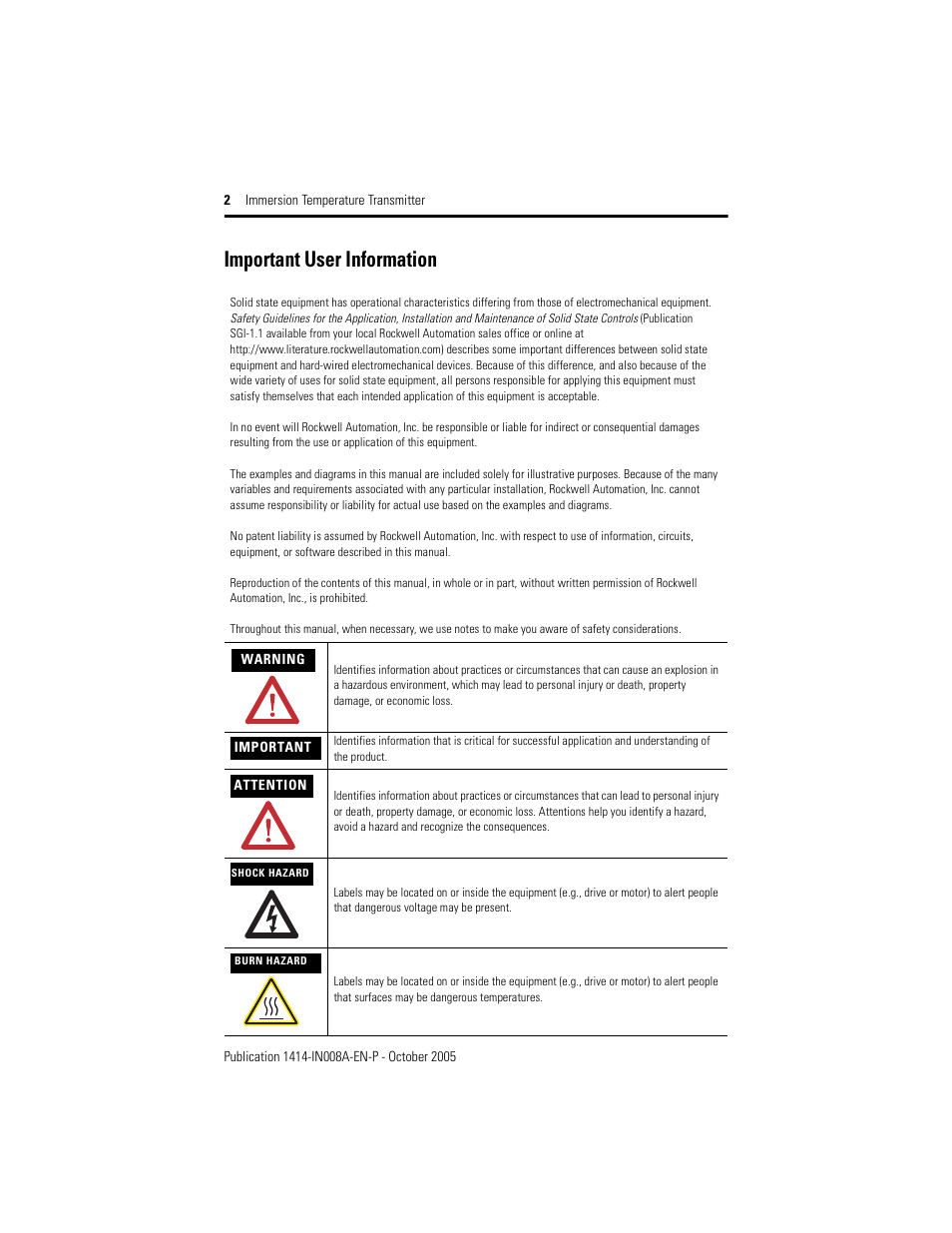 Important user information | Rockwell Automation 1414-CTIxxxxx_ITIxxxxx Immersion Temperature Transmitter User Manual | Page 2 / 8