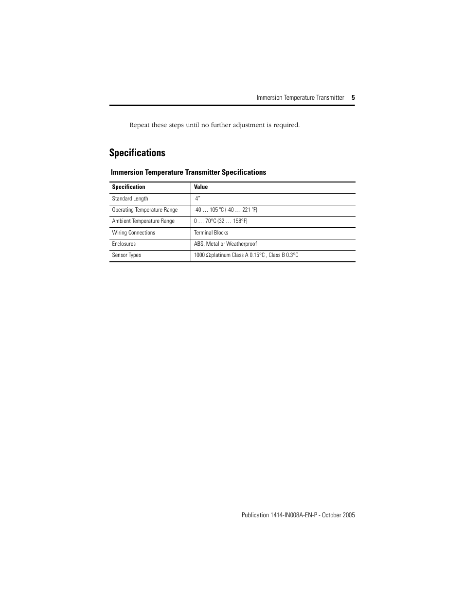 Specifications | Rockwell Automation 1414-CTIxxxxx_ITIxxxxx Immersion Temperature Transmitter User Manual | Page 5 / 8